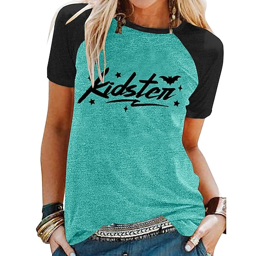 

Women's T shirt Tee Graphic Letter Halloween Casual Daily T shirt Tee Short Sleeve Print Round Neck Basic Green Blue Light gray S