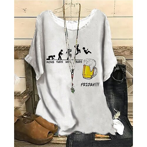 

Women's Plus Size Tops Blouse Shirt Beer Letter Print Short Sleeve Crewneck Streetwear Daily Vacation Polyester Spring Summer White