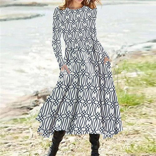 

Women's A Line Dress Midi Dress Black Blue Long Sleeve Floral Pocket Print Fall Winter Round Neck Casual Vacation 2022 S M L XL XXL 3XL
