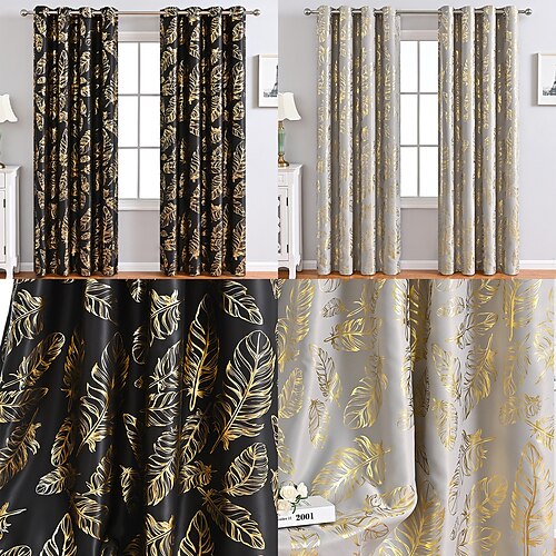 

1 Panel Gold Blackout Curtain Feather Print Curtain Drapes for Living Room Thermal Insulated Grommet Window Curtains for Bedroom - Modern Geo Line Black