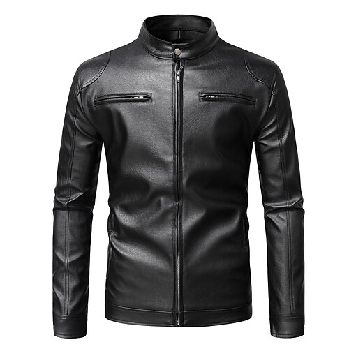 

Men's Faux Leather Jacket Biker Jacket Motorcycle Jacket Thermal Warm Windproof Rain Waterproof Daily Bar Zipper Turndown Punk Fashion Casual Jacket Outerwear Pure Color Adjustable Black