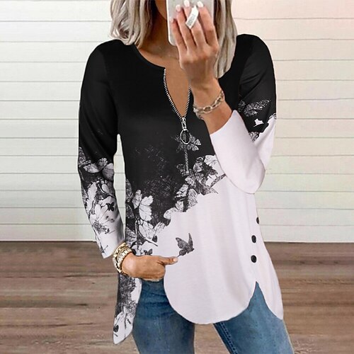 

Women's Blouse Blue White Black Tie Dye Quarter Zip Print Long Sleeve Casual Weekend Basic V Neck Long Abstract Painting S / 3D Print