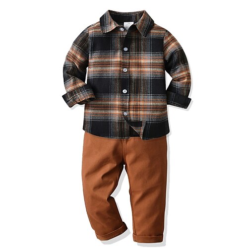 

Kids Boys Shirt Pants Clothing Set 2 Pieces Long Sleeve Khaki Plaid Solid Color Print Street Outdoor Active Daily Regular 3-8 Years