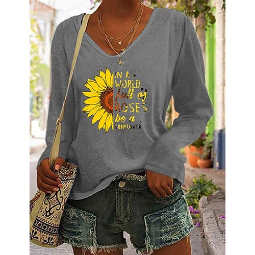 

Women's T shirt Tee Text Sunflower Sports Weekend Floral Painting T shirt Tee Long Sleeve Print V Neck Basic Green White Black S