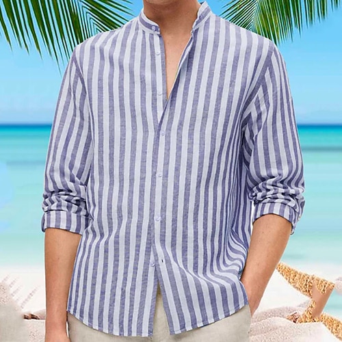 

Men's Linen Shirt Summer Shirt Beach Shirt Wine Light Green Blue Long Sleeve Striped Stand Collar Spring Autumn / Fall Daily Hawaiian Clothing Apparel Button-Down