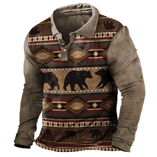 

Men's Collar Polo Shirt Golf Shirt Elephant Geometry Turndown Khaki 3D Print Outdoor Street Long Sleeve Button-Down Print Clothing Apparel Vintage Designer Ethnic Style Casual