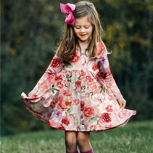 

Kids Girls' Dress Floral Shift Dress Above Knee Dress Daily Print Long Sleeve Cute Dress 3-10 Years Winter Pink