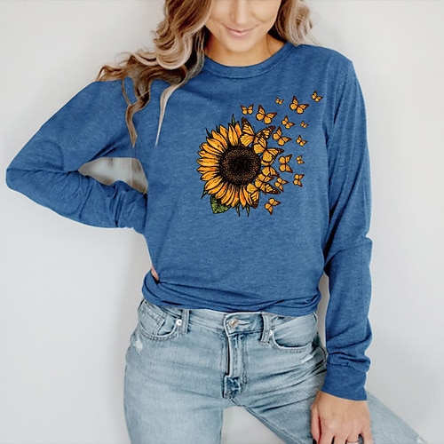 

Women's T shirt Tee Green Blue Yellow Graphic Butterfly Print Long Sleeve Casual Daily Basic Round Neck Regular Cotton Butterfly S / Sunflower