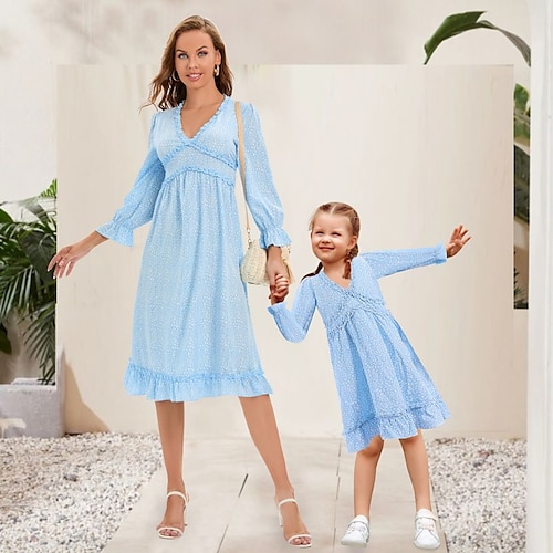 

Mommy and Me Dresses Polka Dot Daily Green Blue Purple Long Sleeve Knee-length Vacation Matching Outfits