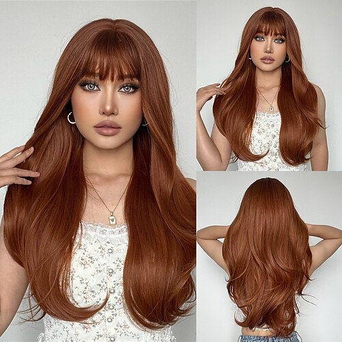 

Synthetic Wig kinky Straight With Bangs Machine Made Wig 26 inch Auburn Synthetic Hair Women's Auburn