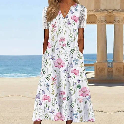 

Robe mi-longue Femme Robe casual Manche Courte Printemps Eté - Casual Moderne Mature Poche Imprimer Floral Col V Fin de semaine Ample 2023 Blanche S M L XL XXL 3XL