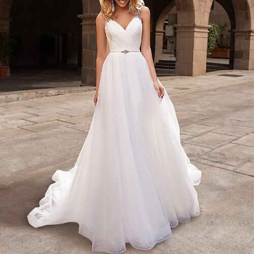 

Princess A-Line Wedding Dresses V Neck Spaghetti Strap Court Train Organza Sleeveless Formal Simple Sexy Backless Party with Pleats Beading 2022