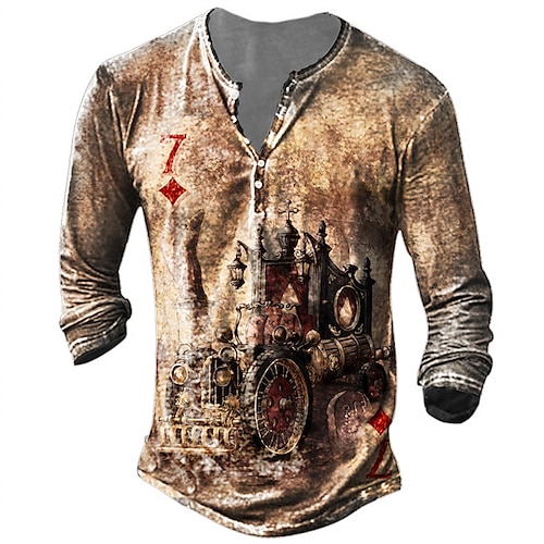 

Men's T shirt Tee Henley Shirt Tee Graphic Car Henley Brown Long Sleeve 3D Print Plus Size Outdoor Daily Button-Down Print Tops Basic Designer Classic Comfortable / Sports