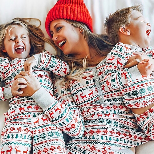 

Christmas Pajamas Ugly Family Cotton Christmas Elk Tree Home White Long Sleeve Mom Dad and Me Crew Neck Mommy Dad and Me Daily Matching Outfits