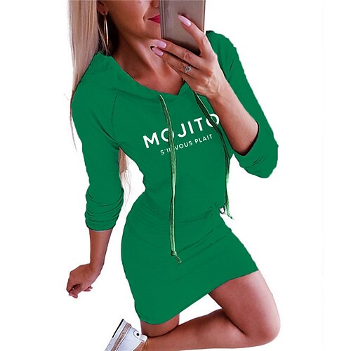 

Women's Bodycon Short Mini Dress Green Long Sleeve Fall Letter Print Fall Winter Hooded Fashion 2022 S M L XL XXL 3XL