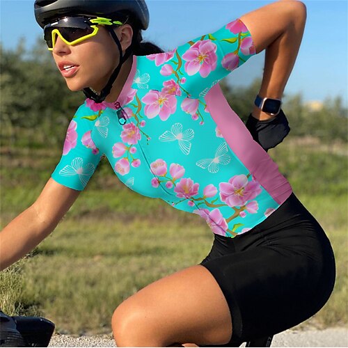 

21Grams Women's Cycling Jersey Short Sleeve Bike Top with 3 Rear Pockets Mountain Bike MTB Road Bike Cycling Breathable Quick Dry Moisture Wicking Reflective Strips Blue Butterfly Floral Botanical