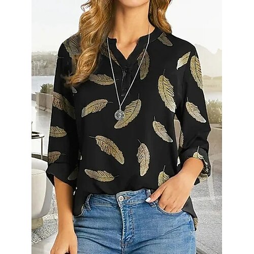 

Women's Blouse Floral Tie Dye Feather Daily Weekend Floral Blouse Shirt Long Sleeve Button Print V Neck Casual Streetwear Green Black Blue S / 3D Print