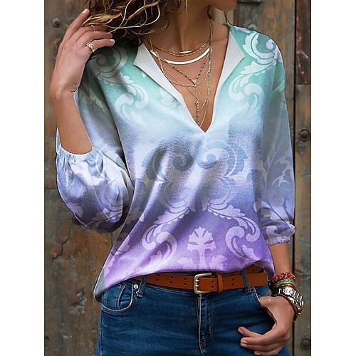 

Women's Blouse Shirt Purple Graphic Print Long Sleeve Daily Weekend Streetwear Casual V Neck Regular S / 3D Print