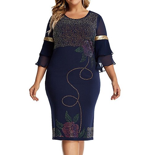 

Women's Plus Size Holiday Dress Floral Crew Neck Print 3/4 Length Sleeve Spring Fall Work Knee Length Dress Date Vacation Dress