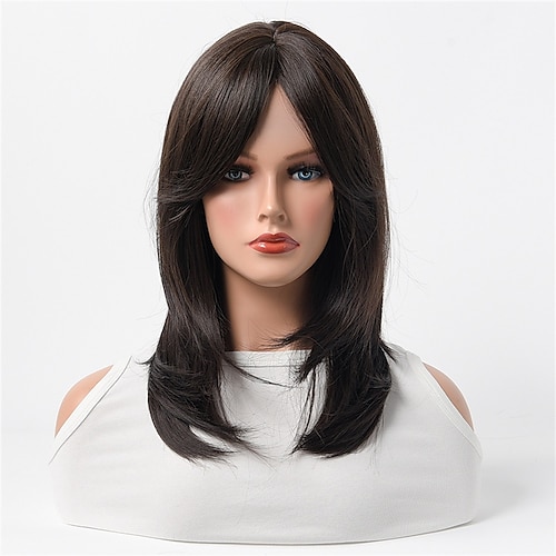 

Synthetic Wig Straight With Bangs Wig Women's Medium-length Pear Flower Micro-curly Natural Eight-character Bangs Brown Black Full Headgear Repair Face Collarbone Hair