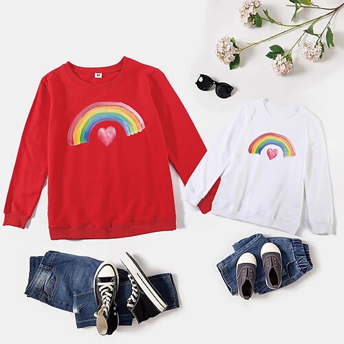 

Mommy and Me Tops Rainbow Heart Daily Print Black Red Long Sleeve Basic Matching Outfits