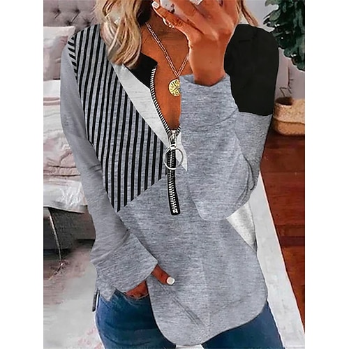 

Women's Pullover Quarter Zipper Hoodie Stripes Print Casual Daily 3D Print Cotton Casual Clothing Apparel Hoodies Sweatshirts Loose Fit Gray