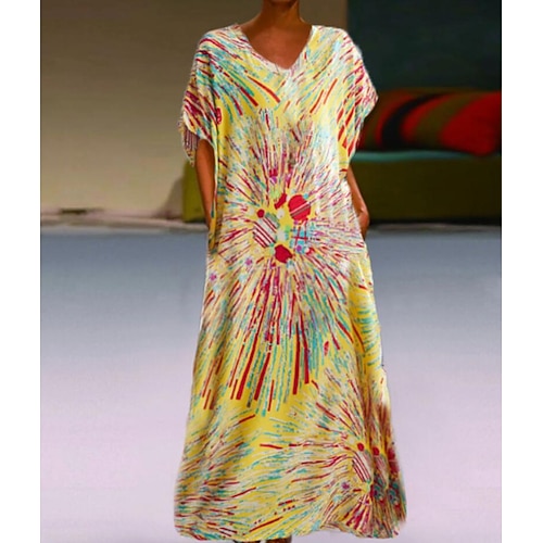 

Women's Swing Dress Maxi long Dress Green White Yellow Khaki Short Sleeve Print Print Spring Summer V Neck Loose 2022 One-Size