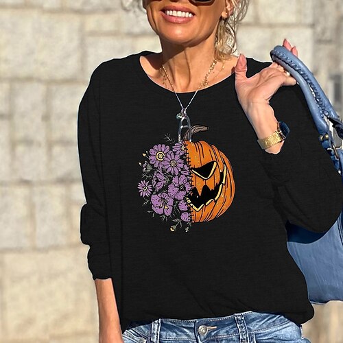 

Women's Sweatshirt Pullover Active Streetwear Print Black Blue Khaki Floral Pumpkin Halloween Round Neck Long Sleeve S M L XL XXL