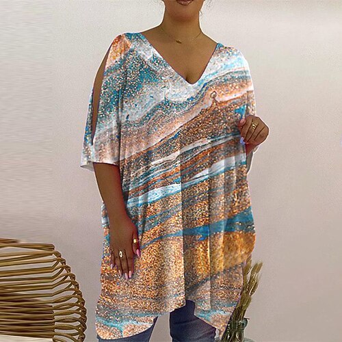 

Women's Plus Size Tops T shirt Tee Striped Graphic Cut Out Print Half Sleeve V Neck Festival Daily Vacation Cotton Spandex Jersey Fall Spring Blue Fuchsia / Butterfly