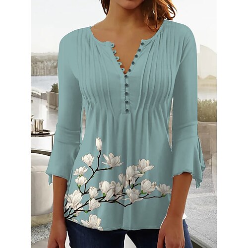 

Per donna Camicia Blusa maglietta Blu Floreale Pulsante Stampa Manica lunga Informale Per eventi Essenziale Rotonda Standard Floreale Pittura S