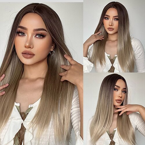 

Synthetic Wig kinky Straight Middle Part Machine Made Wig 22 inch Ombre Brown Synthetic Hair Women's Brown