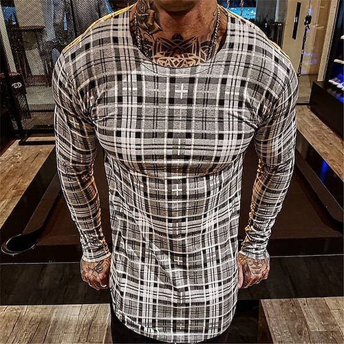 

Men's Unisex T shirt Tee Lattice Graphic Prints Tartan Crew Neck Gray Long Sleeve 3D Print Outdoor Street Print Tops Basic Sports Casual Classic