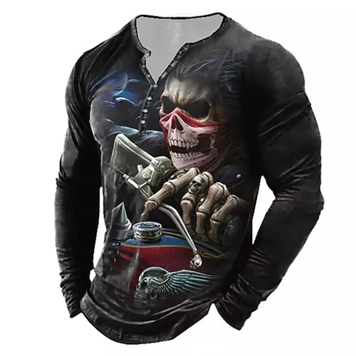 

Men's T shirt Tee Henley Shirt Tee Graphic Skull Henley Black Long Sleeve 3D Print Plus Size Outdoor Daily Button-Down Print Tops Basic Designer Classic Comfortable / Sports
