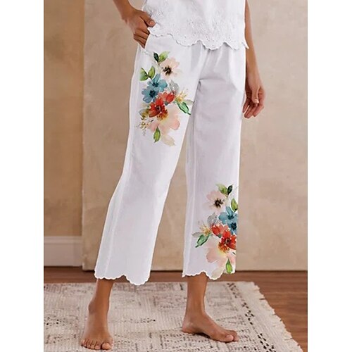 

Women's Pants Trousers White Mid Waist Fashion Casual Weekend Side Pockets Print Micro-elastic Ankle-Length Comfort Flower / Floral S M L XL XXL