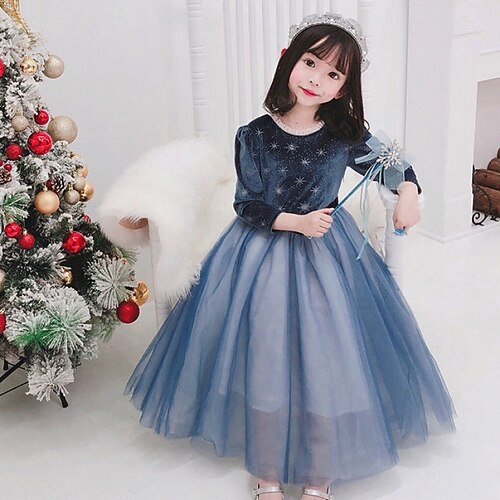 

Kids Little Girls' Dress Snowflake A Line Dress School Vacation Blue Asymmetrical 3/4 Length Sleeve Princess Sweet Dresses Spring Summer Regular Fit 2-8 Years