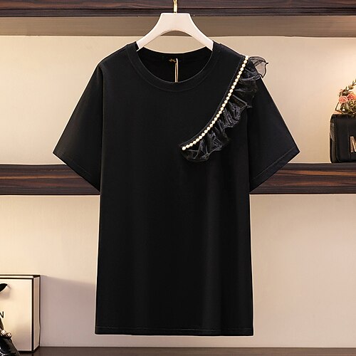 

Women's Plus Size Tops Blouse Shirt Plain Ruffle Short Sleeve Round Neck Basic Streetwear Daily Going out Cotton Fall Winter White Black