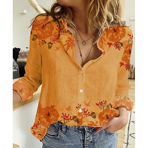 

Damen Hemd Bluse Orange Blumen Kürbis Taste Bedruckt Langarm Halloween Wochenende Strassenmode Brautkleider schlicht Hemdkragen Standard S