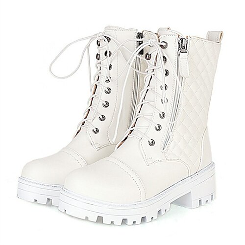 

Women's Boots Daily Lace Up Boots Booties Ankle Boots Winter Lace-up Block Heel Round Toe Minimalism PU Leather Zipper Solid Colored Black White
