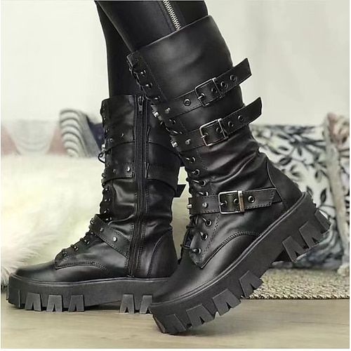 Women's Boots Daily Martin Boots Lace Up Boots Mid Calf Boots Winter Platform Round Toe Casual PU Leather Zipper Solid Colored Black White