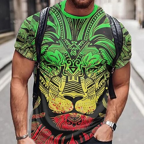 

Men's Unisex T shirt Tee Lion Graphic Prints Crew Neck Green Short Sleeve 3D Print Outdoor Street Print Tops Vintage Sports Casual Big and Tall / Summer / Summer