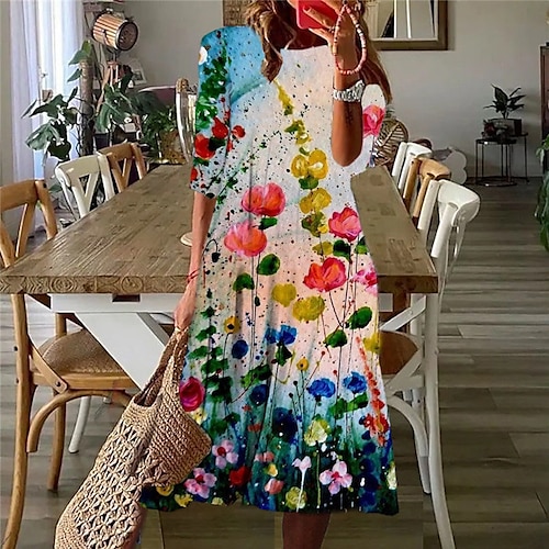 

Women's Casual Dress Shift Dress Midi Dress Blue 3/4 Length Sleeve Floral Ruched Print Fall Winter Round Neck Casual Vacation 2022 S M L XL XXL 3XL