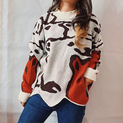 

Women's Pullover Sweater Jumper Chunky Knit Tunic Asymmetric Hem Animal Crew Neck Stylish Casual Home Daily Fall Winter White Black S M L / Long Sleeve / Loose
