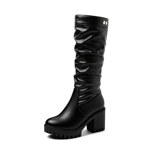 

Women's Boots Daily Slouchy Boots Mid Calf Boots Winter Chunky Heel Round Toe Minimalism PU Leather Loafer Solid Colored Black White