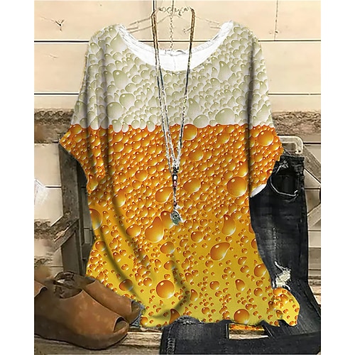 

Women's Plus Size Tops Blouse Shirt Beer Print Short Sleeve Crewneck Streetwear Daily Vacation Polyester Spring Summer Yellow