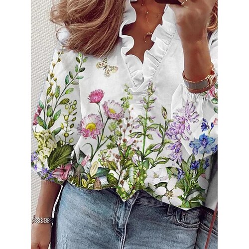 

Women's Blouse Shirt White Floral Ruffle Print Long Sleeve Daily Weekend Streetwear Casual V Neck Regular Floral S / 3D Print