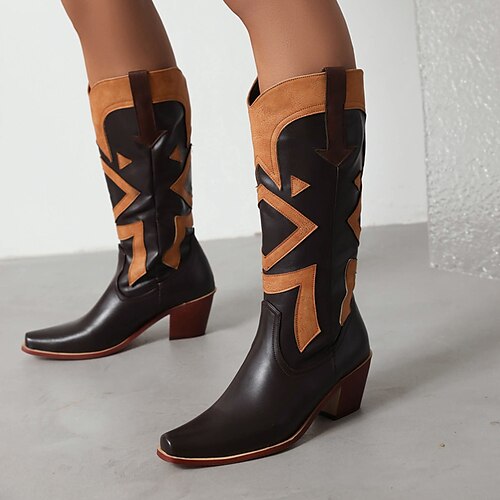 

Women's Boots Cowboy Boots Mid Calf Boots Chunky Heel Square Toe Vintage Daily PU Leather Loafer Fall Winter Color Block Dark Brown White Black