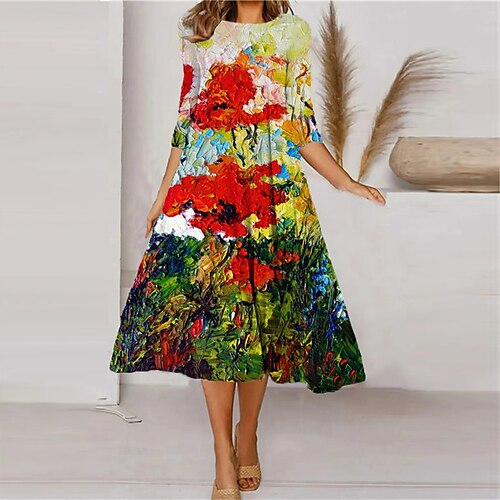 

Women's Casual Dress Shift Dress Midi Dress Blue Red 3/4 Length Sleeve Floral Ruched Print Fall Winter Round Neck Casual Vacation 2022 S M L XL XXL 3XL