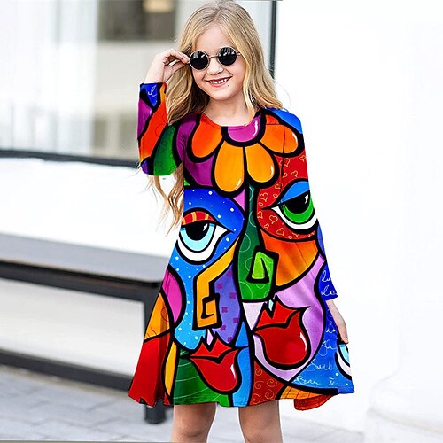

Kids Little Girls' Dress Graphic A Line Dress Daily Holiday Vacation Print Rainbow Above Knee Long Sleeve Casual Cute Sweet Dresses Fall Winter Regular Fit 3-12 Years