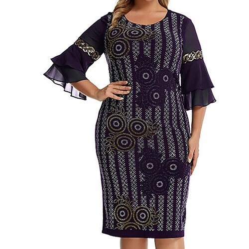 

Women's Plus Size Holiday Dress Floral Crew Neck Ruffle 3/4 Length Sleeve Fall Winter Work Formal Vintage Knee Length Dress Vacation Going out Dress / Print