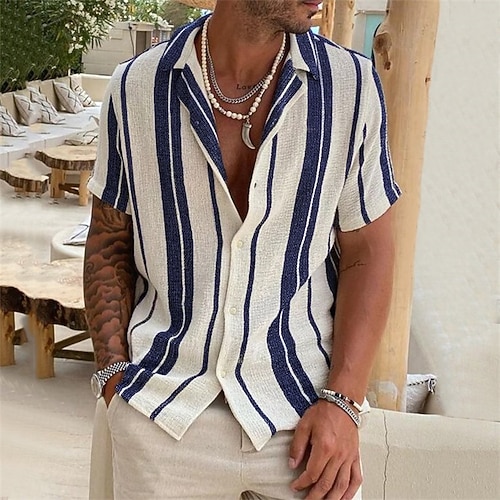 

Men's Shirt Striped Turndown Street Casual Button-Down Short Sleeve Tops Casual Fashion Comfortable Blue / White / Beach